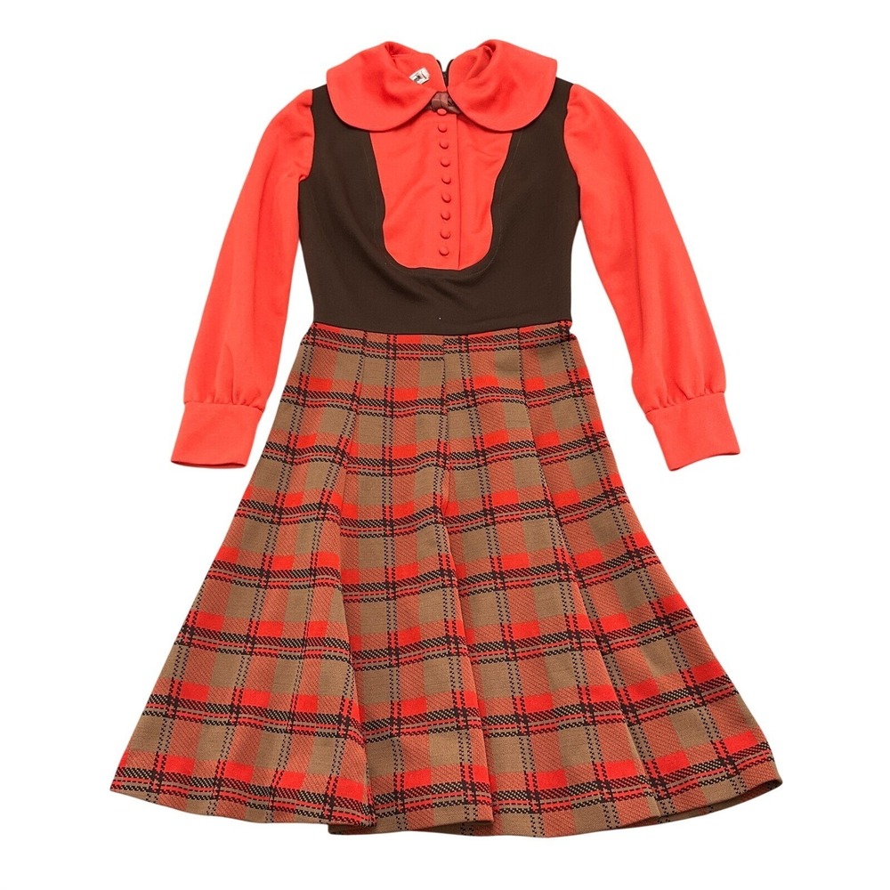 Joseph Magnin Dress Womens XSmall Orange Brown  Plaid Mod Peter‎ Pan VTG 70s